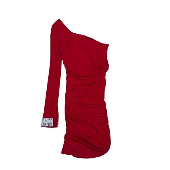 One-Shoulder Red Dress With Jewel Cuff By Emerald Sundae M - Picture 2 of 8